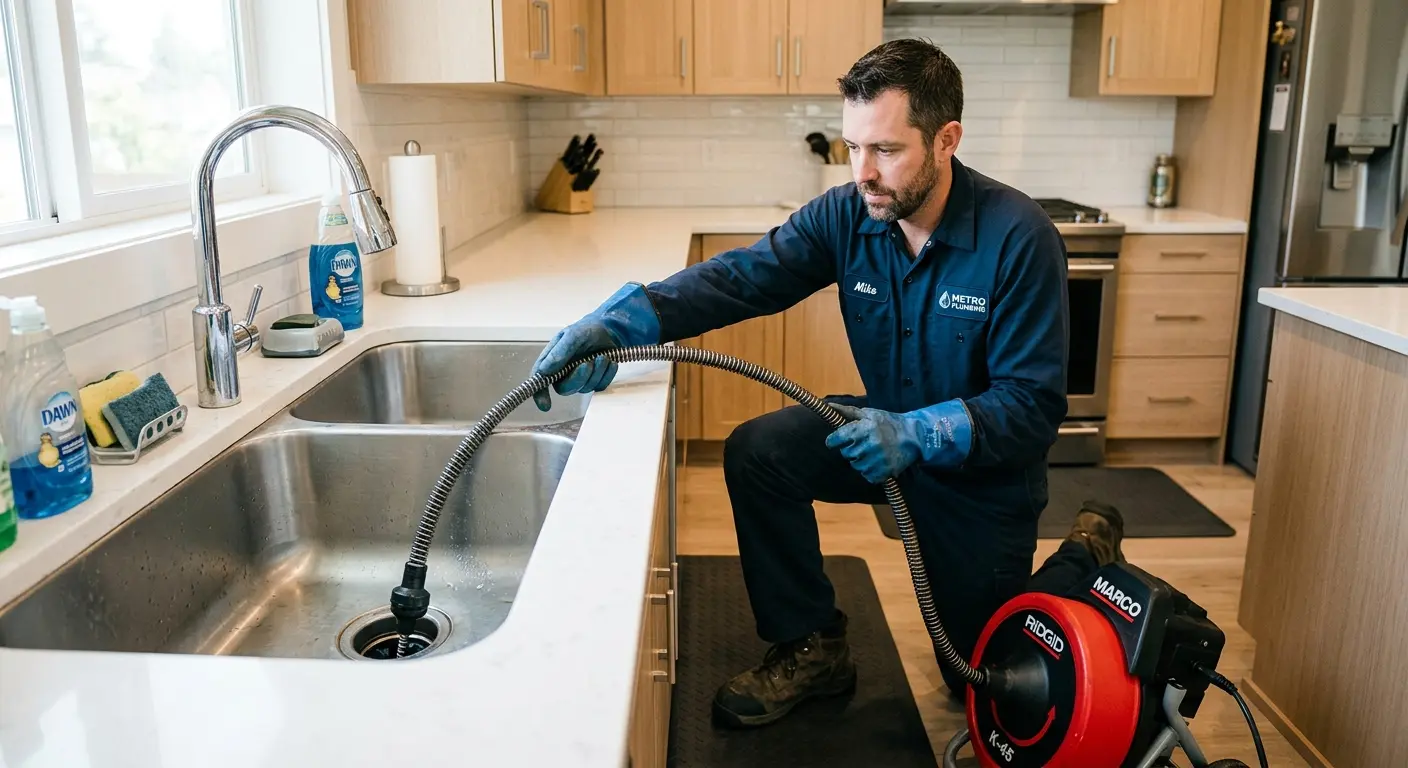 Drain cleaning technician using a motorized snake on a kitchen sink in Pleasanton